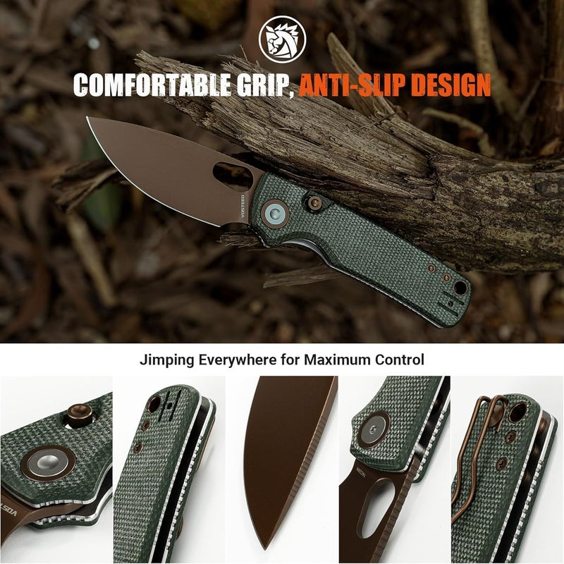 Vosteed Porcupine EDC Pocket Knife - 2.99" 14C28N Copper Dune Blade - Top Liner Lock, Green Micarta Handle - Camping, Hiking Knives - A2609 - Image 5